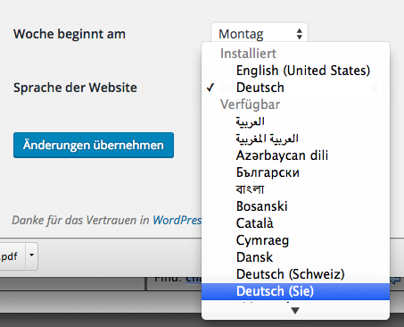 Wordpress Admin Einstellung Sprache Website: Deutsch (Sie)